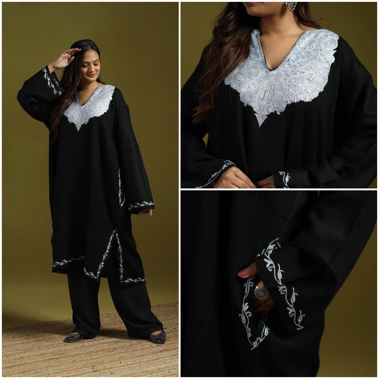 Pink - Handwoven Aari Hand Embroidered Kashmiri Merino Wool Pheran 37