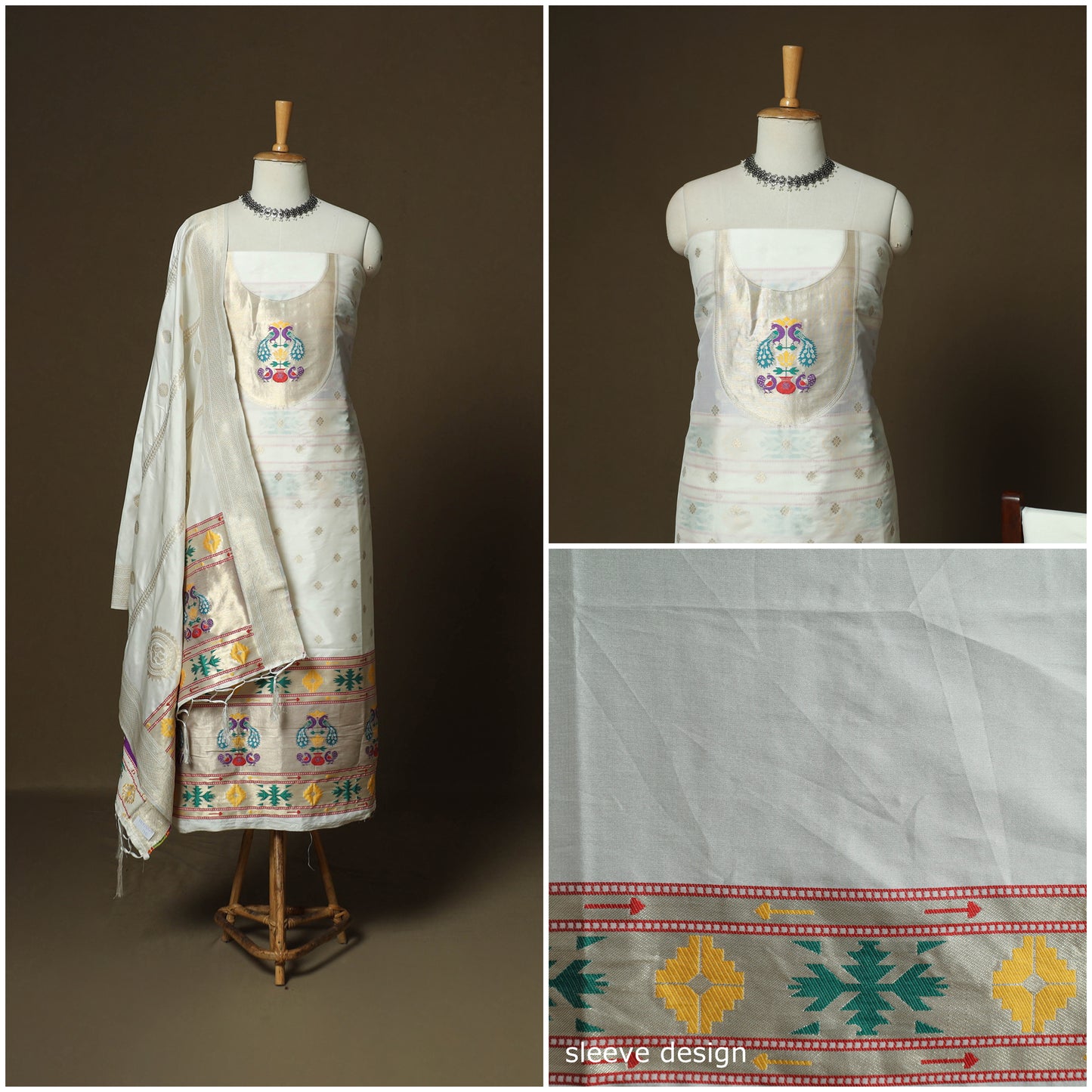 White - Bangalore Silk Paithani Weave 3pc Unstitched Dress Material Suit Set 11