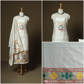 White - Bangalore Silk Paithani Weave 3pc Unstitched Dress Material Suit Set 11
