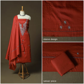 Orange - Sozni Hand Embroidery Pure Silk 3pc Unstitched Dress Material Suit Set 21