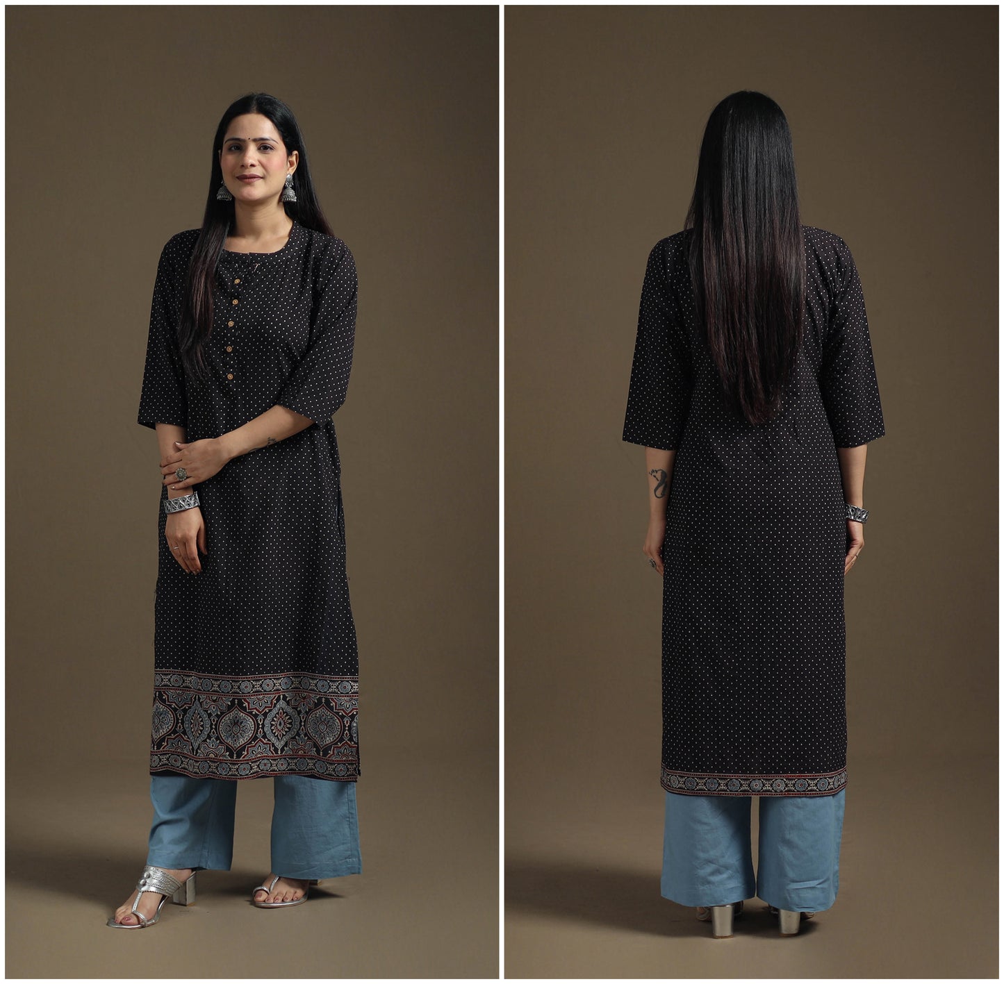 Hand Block Print Cotton Straight Long Ajrakh Kurta for Women 08