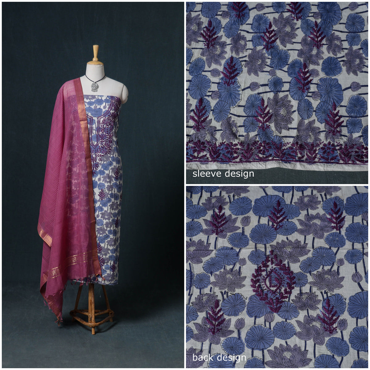 Lucknowi Chikankari Hand Work Unstitched Dress Material: Kurta & Dupatta with Jewellery 10