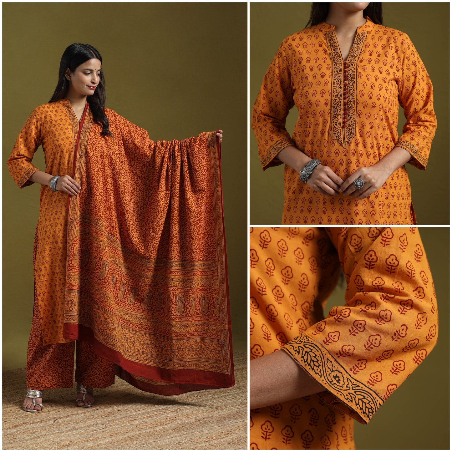 Natural Dyed Hand Block Bagh Print Cotton Suit Set with Dupatta for Women 22