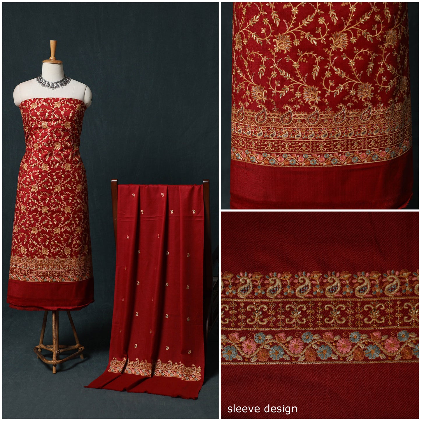 3pc Heavy Embroidered Wool Unstitched Dress Material Suit Set 13