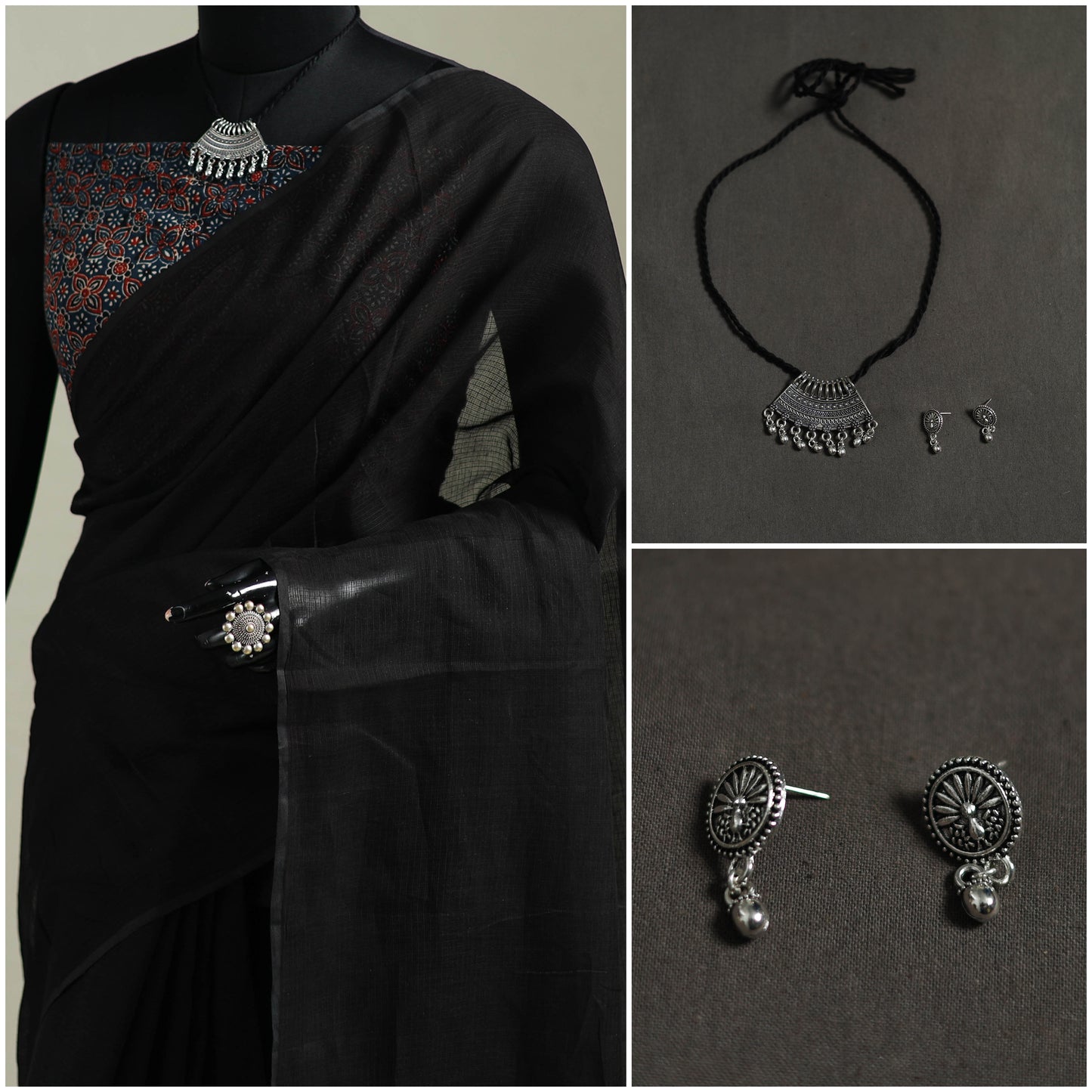 Black - Nazaakat Kota Doria Cotton Plain Saree with Blouse & Jewellery Set 39
