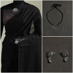 Black - Nazaakat Kota Doria Cotton Plain Saree with Blouse & Jewellery Set 39