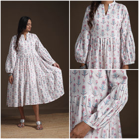 Sanganeri Floral Hand Block Print Cotton Tiered Long Dress for Women 05