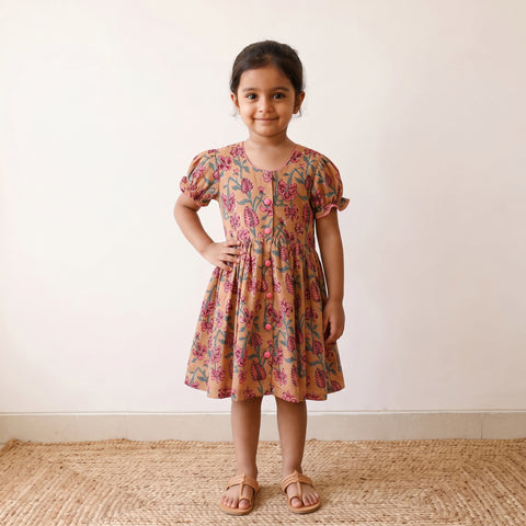 Peach - Pure Cotton Girls Frock Dress in Sanganeri Floral Prints (3-4 Years) 26