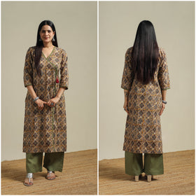 Yellow - Bagru Hand Block Print Natural Dyed Cotton Straight Kurta for women 01