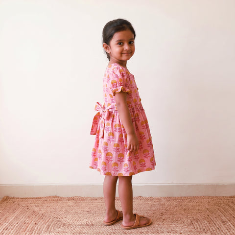 Pink - Pure Cotton Girls Frock Dress in Sanganeri Floral Prints (3-4 Years) 15