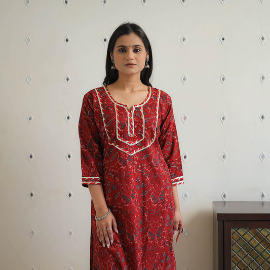 Red - Block Printed Cotton Gota Work Long Ajrakh Kurta 11