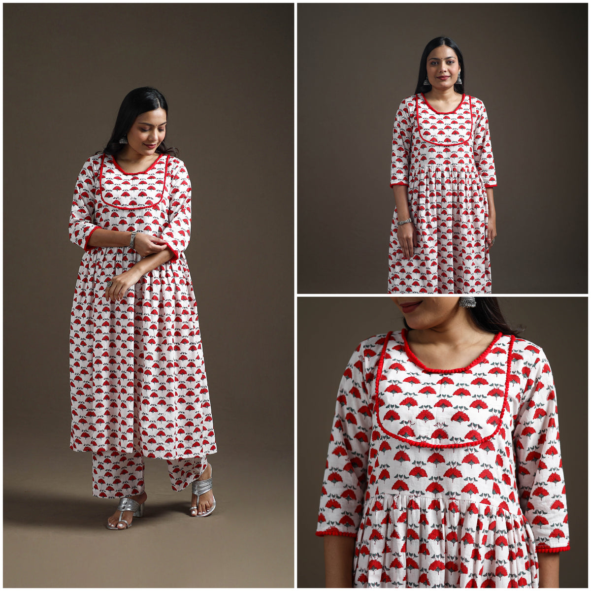 White - floral sanganeri print cotton lace work flared