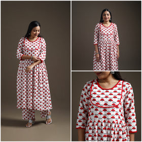 White - floral sanganeri print cotton lace work flared