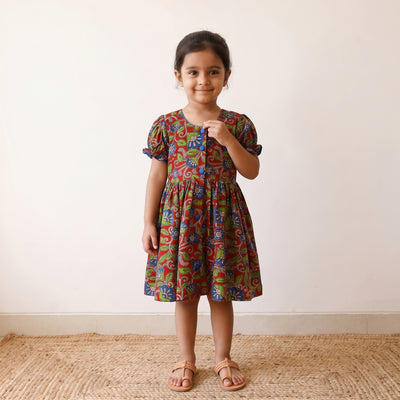 Red - pure cotton girls frock dress in kalamkari prints