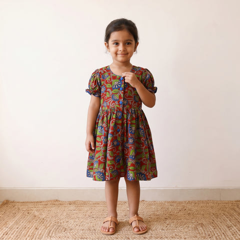 Red - Pure Cotton Girls Frock Dress in Kalamkari Prints (3-4 Years) 47