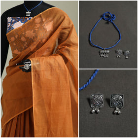 Orange - Nazaakat Kota Doria Cotton Plain Saree with Blouse & Jewellery Set 145