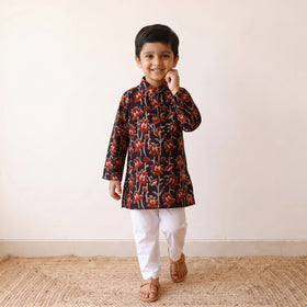 Black - kids pure cotton kurta in bagru block prints (2-3