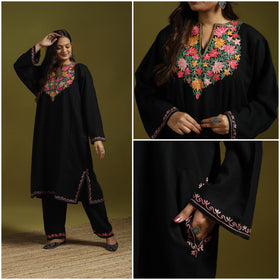 Pink - Handwoven Aari Embroidered Kashmiri Merino Wool Pheran with Palazzo Set 07