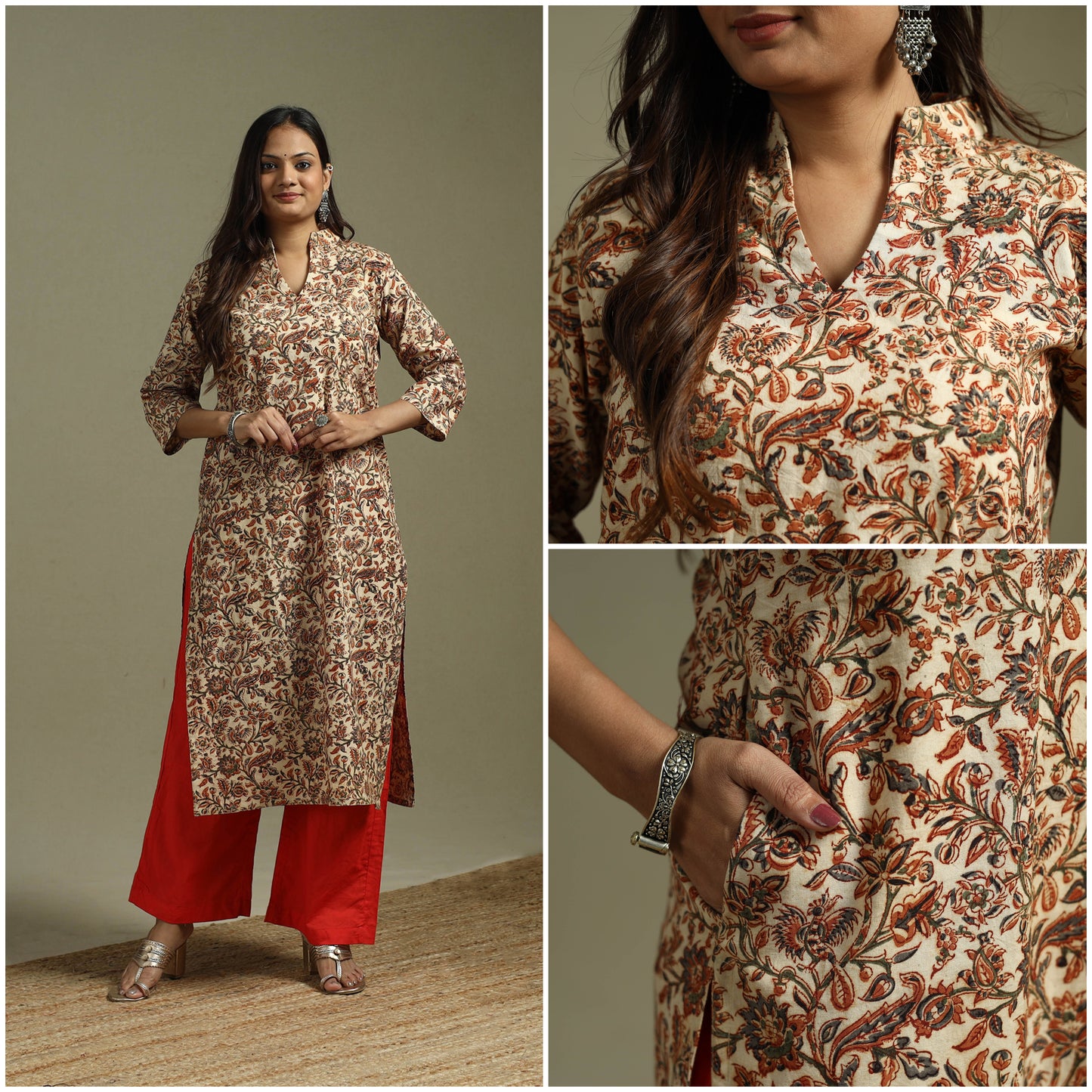 Beige - Pedana Block Print Natural Dyed Cotton Straight Kalamkari Kurta 04