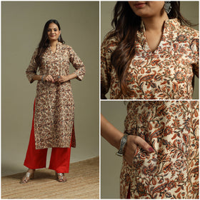 Beige - Pedana Block Print Natural Dyed Cotton Straight Kalamkari Kurta 04