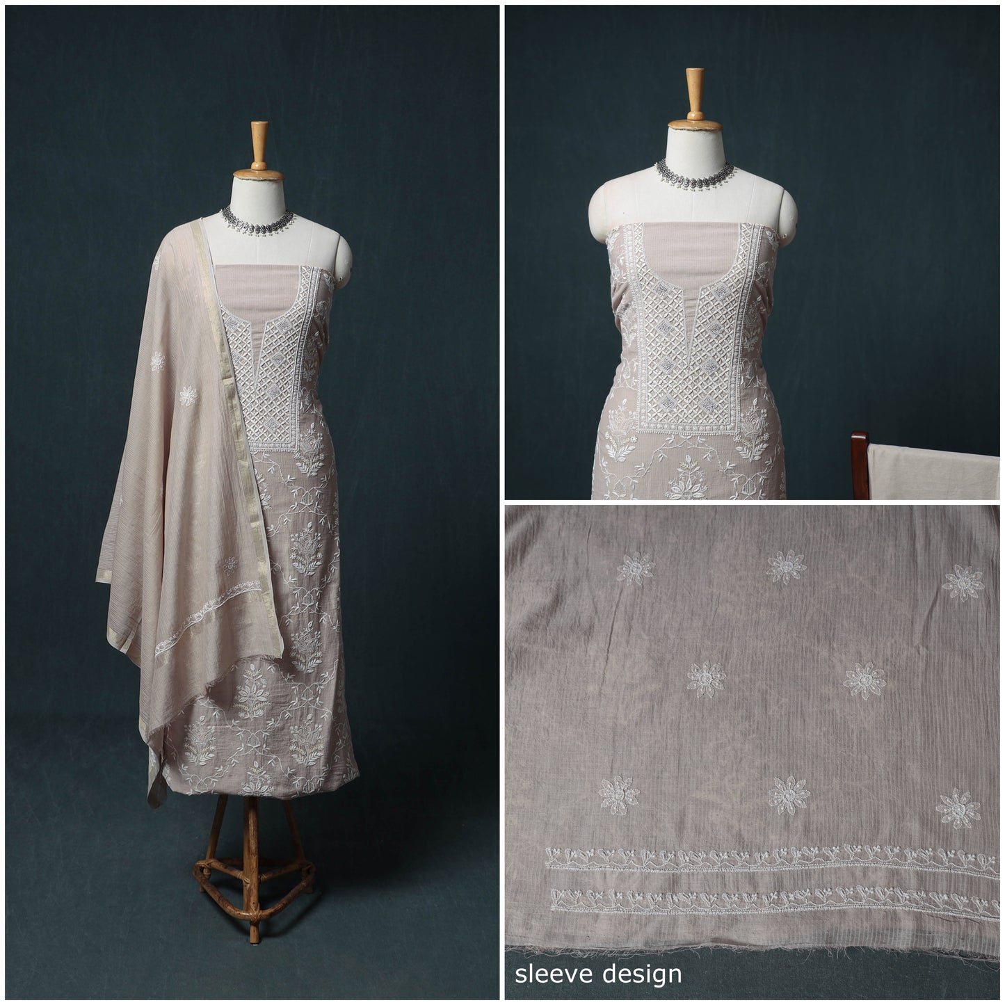Lucknowi Chikankari Beadwork Mul Chanderi Unstitched Dress Material: Kurta, Bottom & Dupatta 11