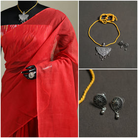 Red - Nazaakat Kota Doria Cotton Plain Saree with Blouse & Jewellery Set 104