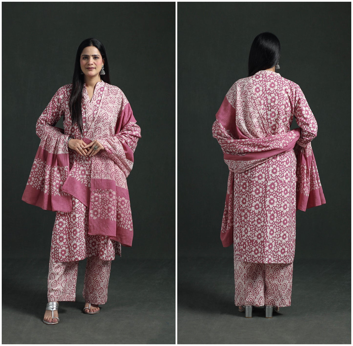 Hand Batik Print Cotton Suit Set with Dupatta for Women 07