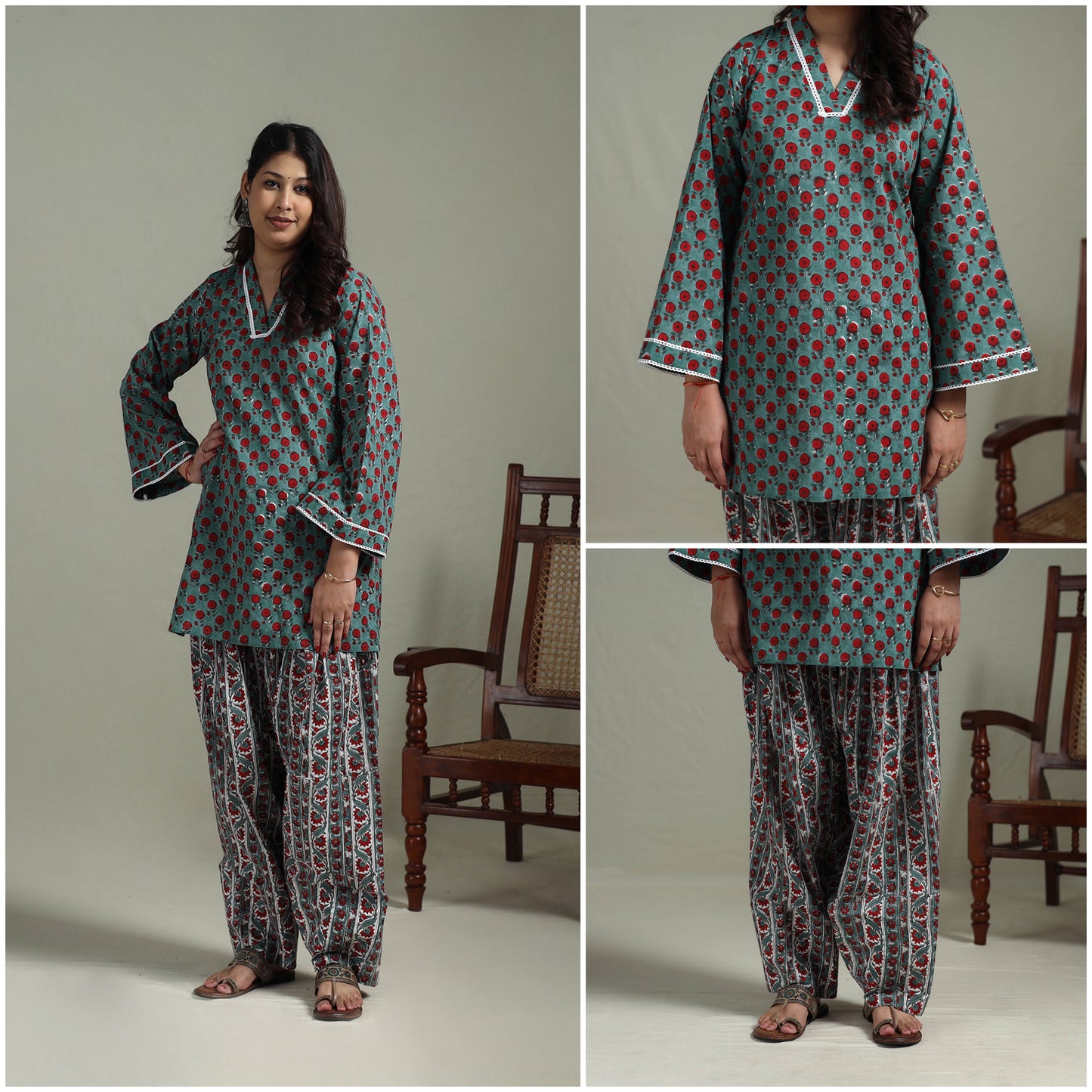 Sanganeri Hand Block Print Cotton Lace Work Short Kurta with Farshi Salwar Set for women 02