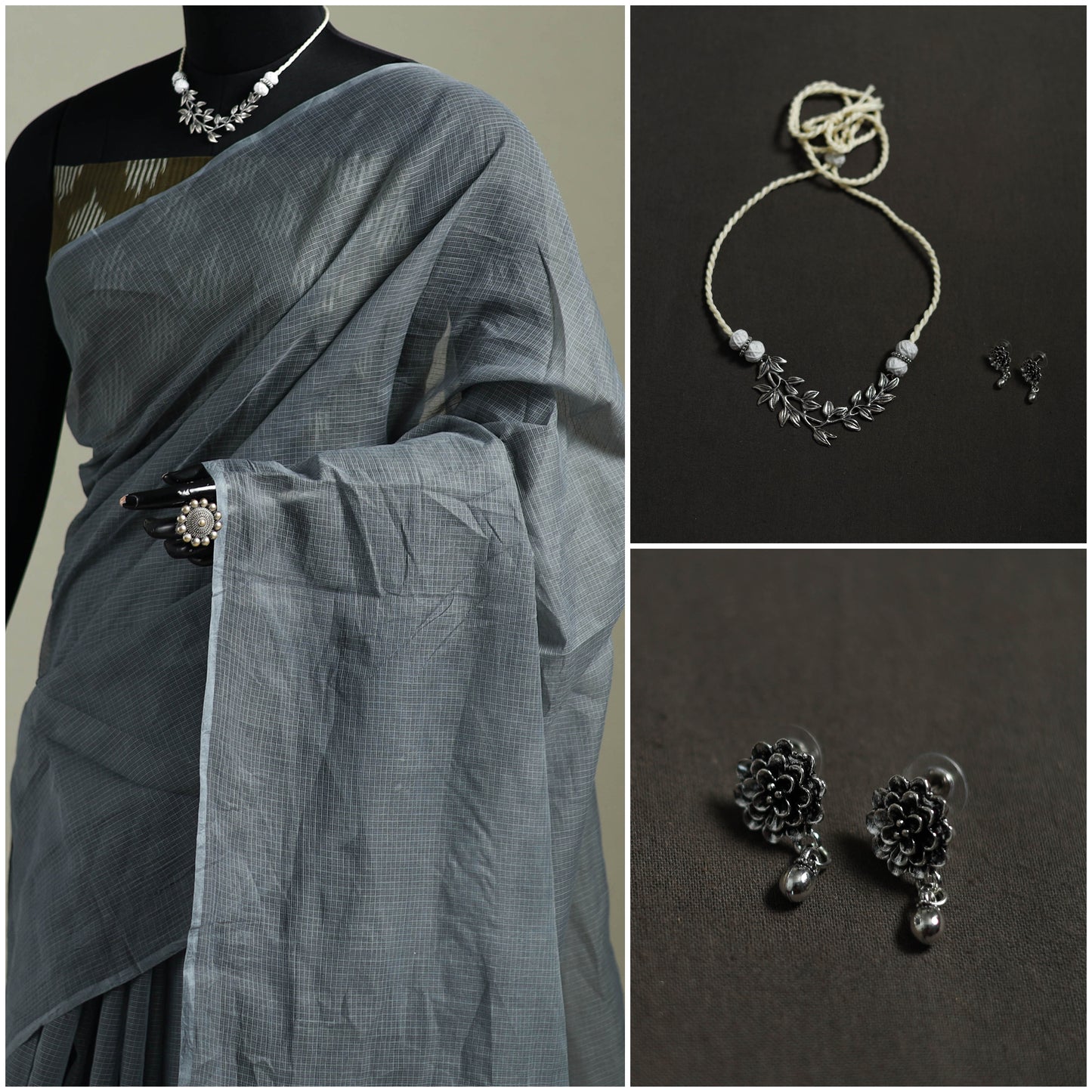 Grey - Nazaakat Kota Doria Cotton Plain Saree with Blouse & Jewellery Set 131