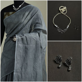 Grey - Nazaakat Kota Doria Cotton Plain Saree with Blouse & Jewellery Set 131
