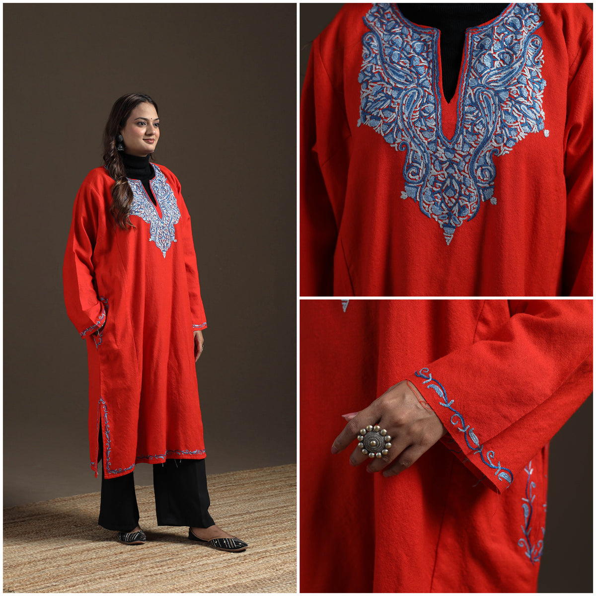 Red - Kashmiri Aari Hand Embroidered Handwoven Merino Wool Pheran 10
