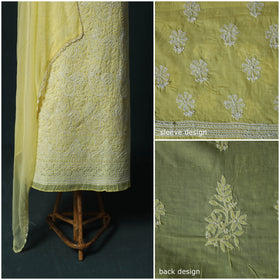 Yellow - Lucknowi Chikankari Hand Embroidered Cotton 3pc Unstitched Dress Material Suit Set 11