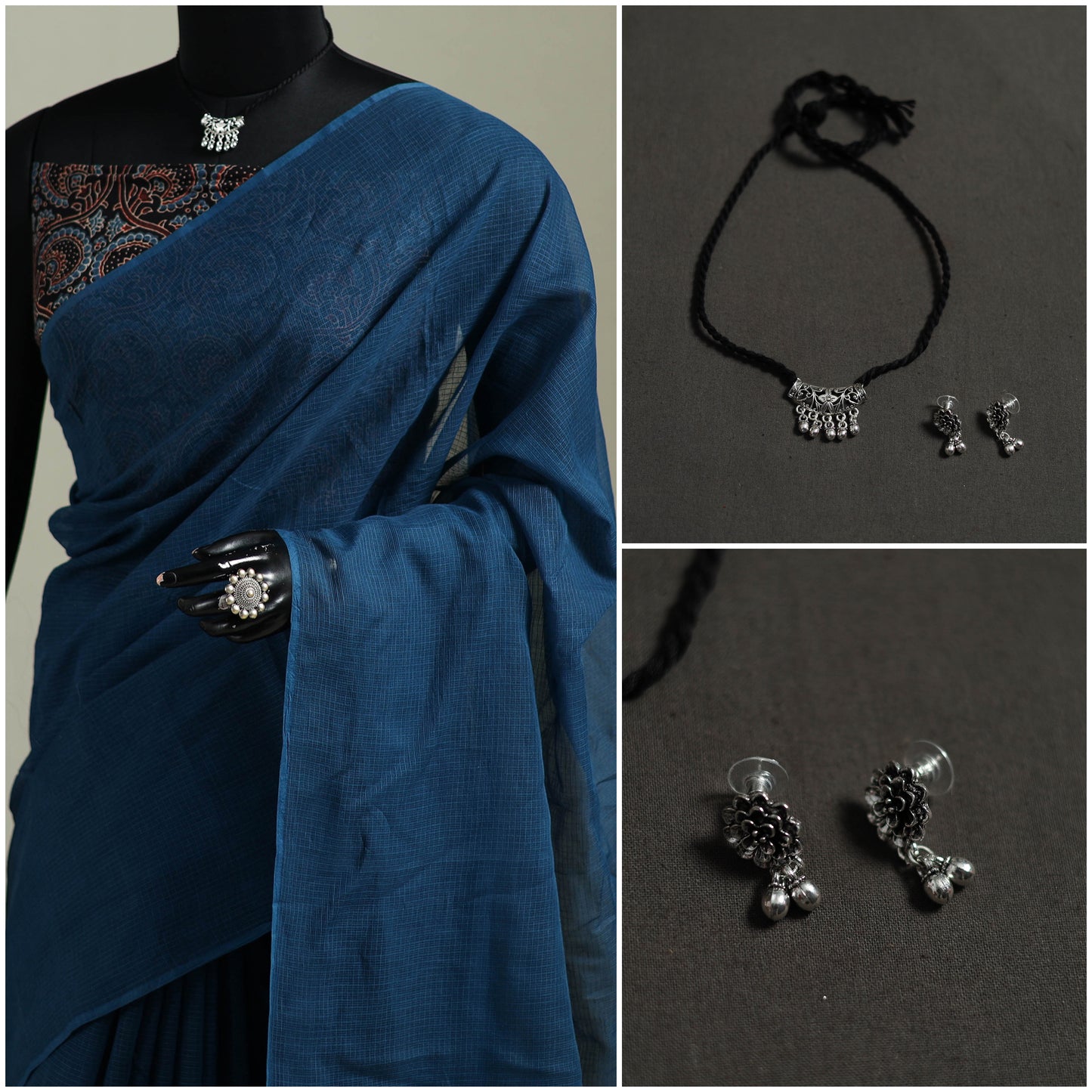 Blue - Nazaakat Kota Doria Cotton Plain Saree with Blouse & Jewellery Set 173
