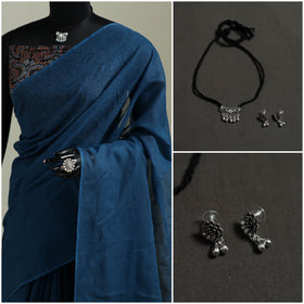 Blue - Nazaakat Kota Doria Cotton Plain Saree with Blouse & Jewellery Set 173