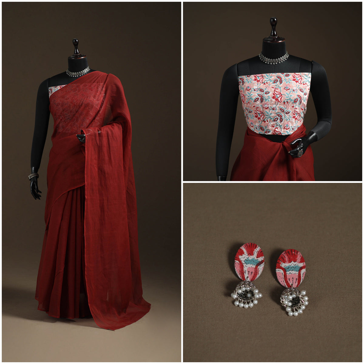 Nazaakat Kota Doria Cotton Plain Saree with Blouse Piece & Earrings 30