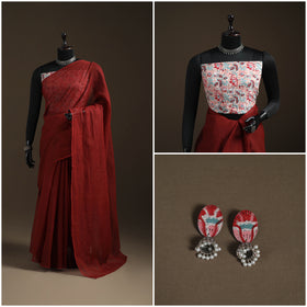 Nazaakat Kota Doria Cotton Plain Saree with Blouse Piece & Earrings 30