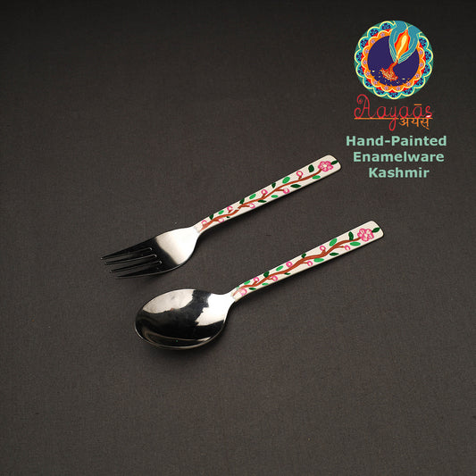 Floral Handpainted Enamelware Stainless Steel Spoon & Fork (Set of 2)