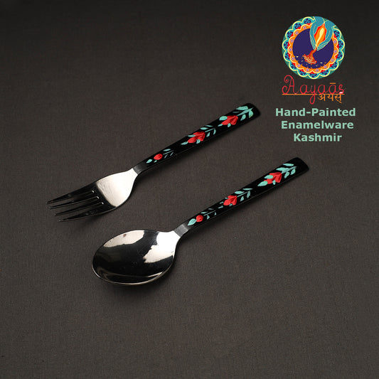 Floral Handpainted Enamelware Stainless Steel Spoon & Fork (Set of 2)