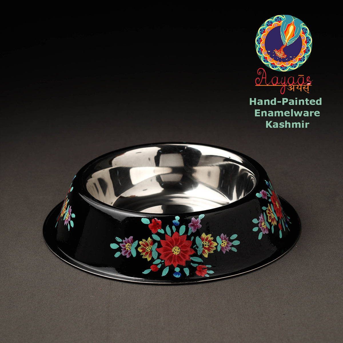 Floral Handpainted Enamelware Stainless Steel Pet Bowl