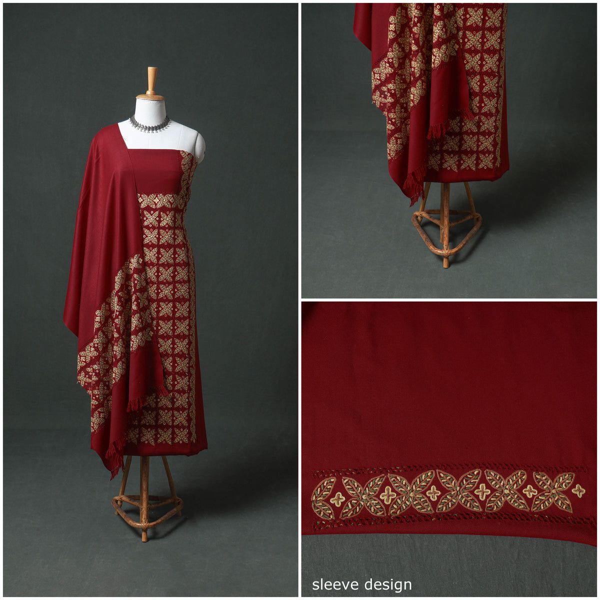 Kashmiri Aari Hand Embroidered Cutwork Pure Merino Wool Unstitched Dress Material: Kurta, Bottom with Dupatta 11