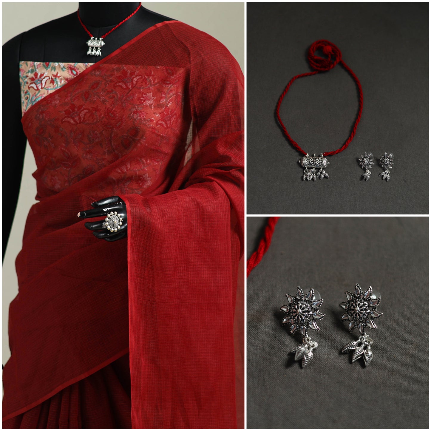 Red - Nazaakat Kota Doria Cotton Plain Saree with Blouse & Jewellery Set 146