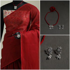 Red - Nazaakat Kota Doria Cotton Plain Saree with Blouse & Jewellery Set 146