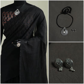 Black - Nazaakat Kota Doria Cotton Plain Saree with Blouse & Jewellery Set 12