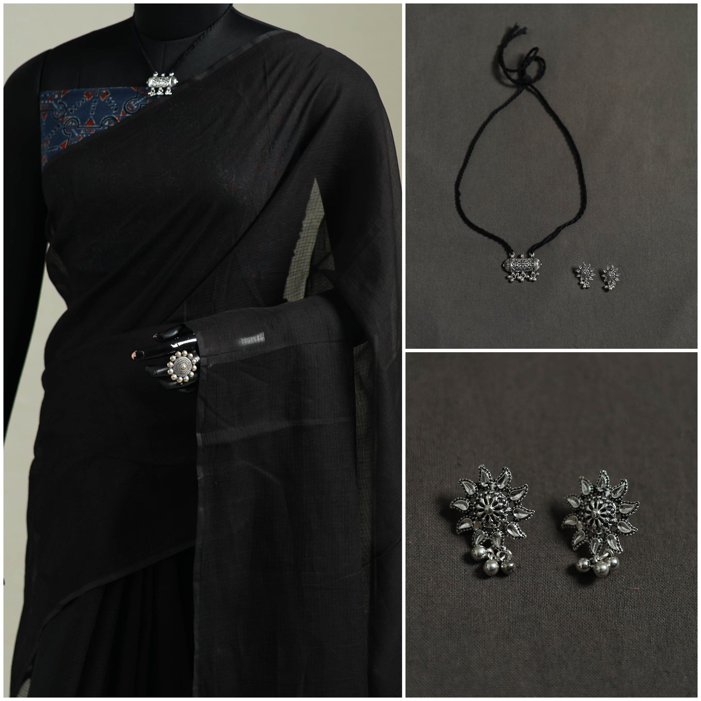 Black - Nazaakat Kota Doria Cotton Plain Saree with Blouse & Jewellery Set 40