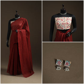 Nazaakat Kota Doria Cotton Plain Saree with Blouse Piece & Earrings 31