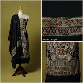 Black - 3pc Heavy Chain Stitch Embroidered Merino Wool Unstitched Dress Material 21