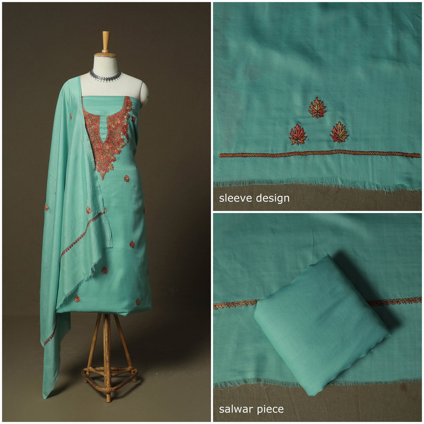 Green - Sozni Hand Embroidery Pure Silk 3pc Unstitched Dress Material Suit Set 23
