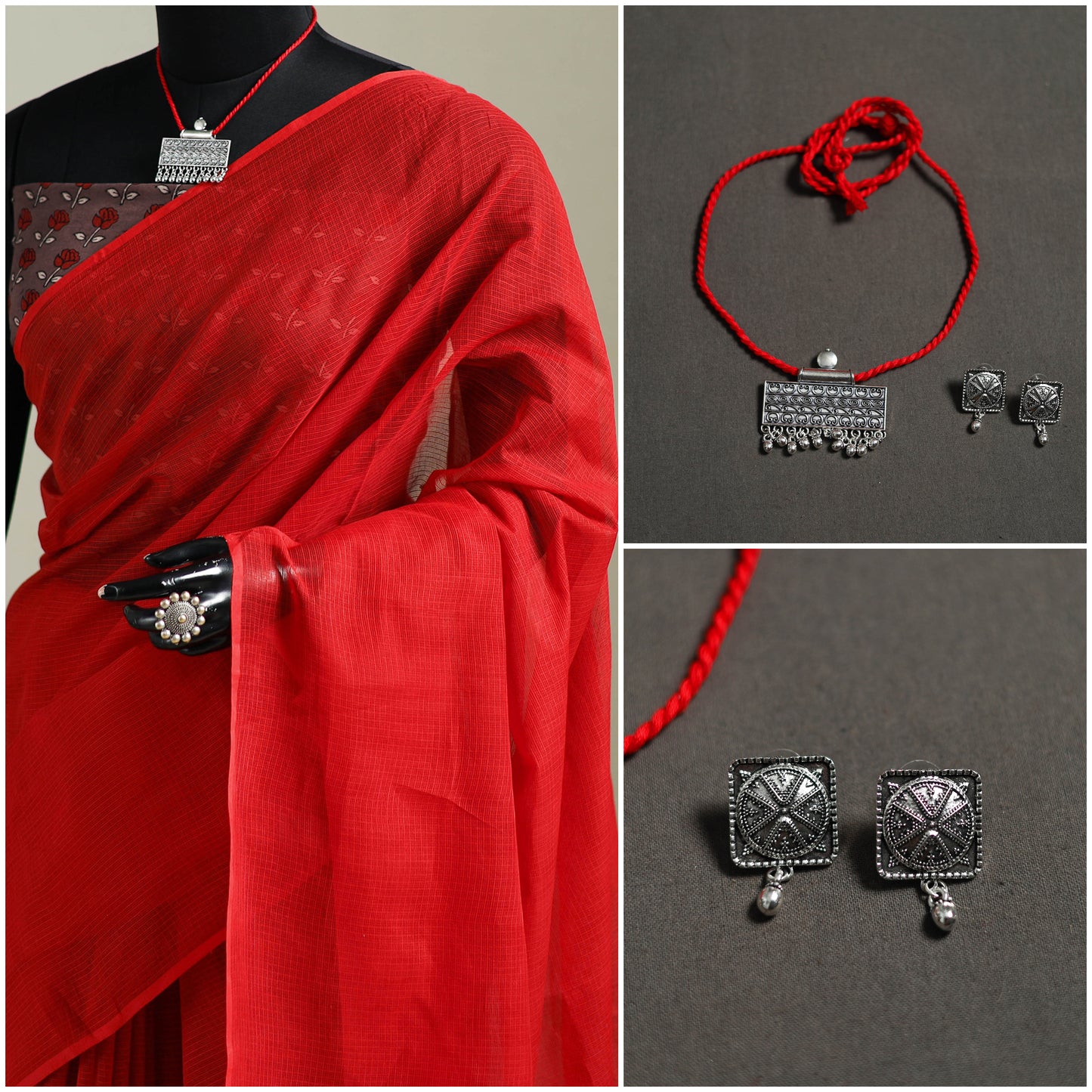 Red - Nazaakat Kota Doria Cotton Plain Saree with Blouse & Jewellery Set 105