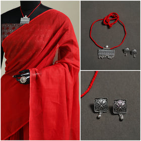 Red - Nazaakat Kota Doria Cotton Plain Saree with Blouse & Jewellery Set 105
