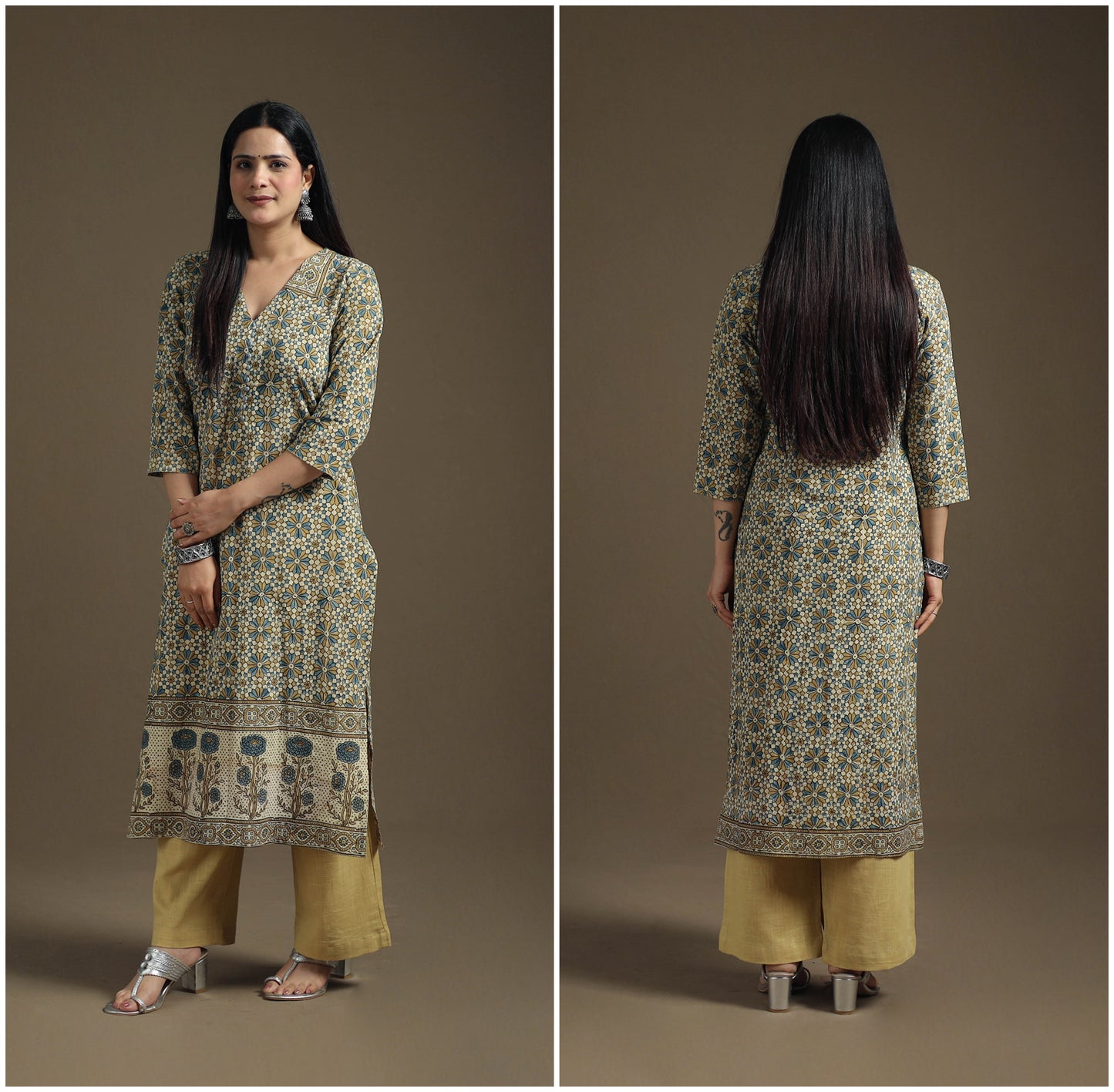 Hand Block Print Cotton Straight Long Ajrakh Kurta for Women 03